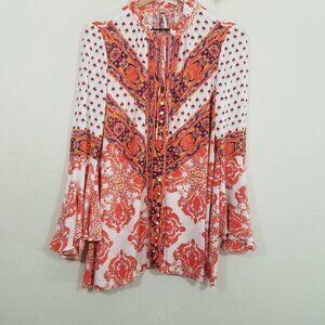 Free People Bell Sleeves Print Top Blouse Size S